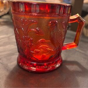 Vintage Carnival Glass Mug with Bird and Floral Design